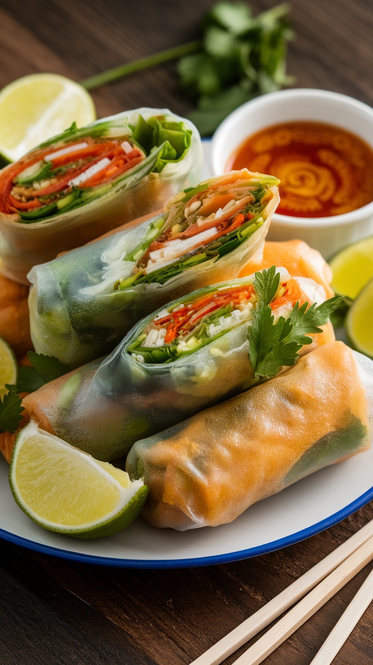 Crispy vegan spring rolls on a platter with a bowl of dipping sauce and herbs, set on a wooden table.